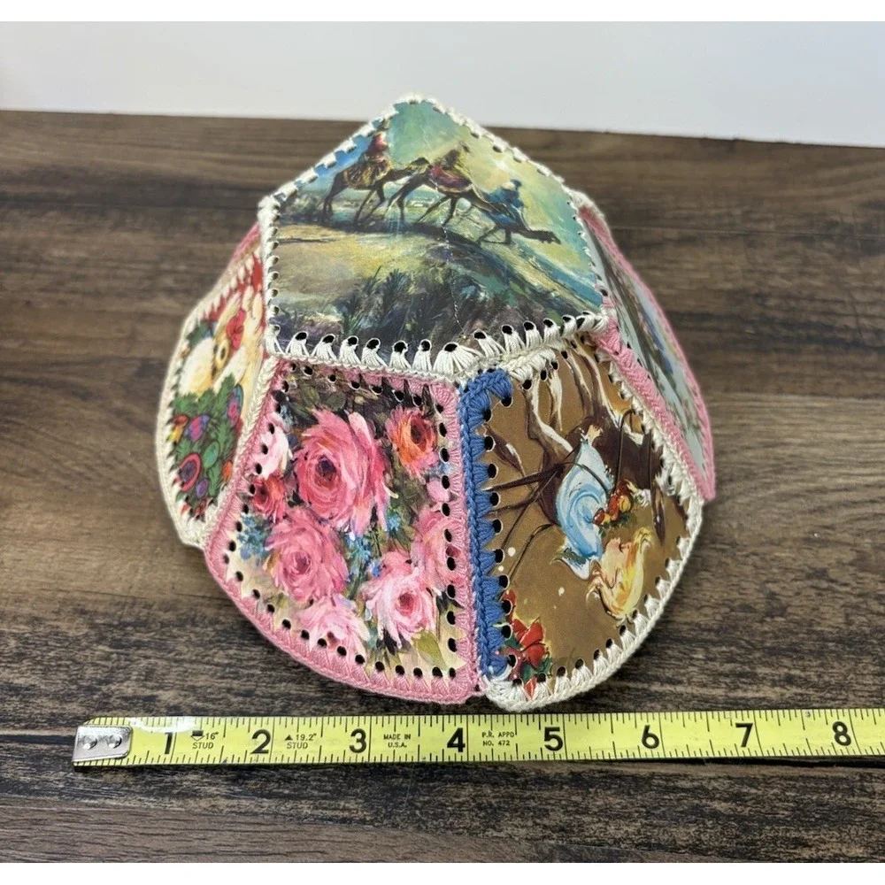 Vintage Handmade Stitched Ephemera Greeting Card Basket Christmas Bowl